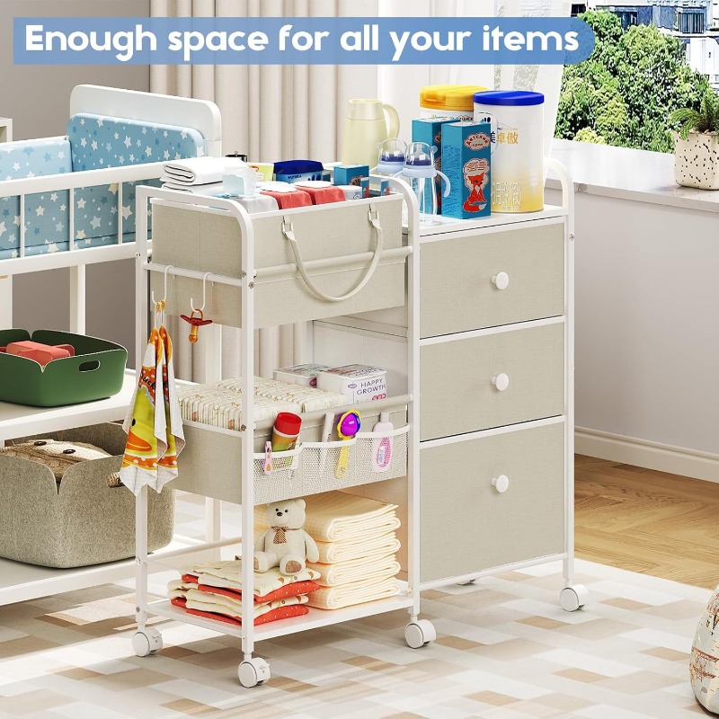 Baby Nursery Utility Cart - سعة كبيرة حفاضات الطفل المنظم عربة